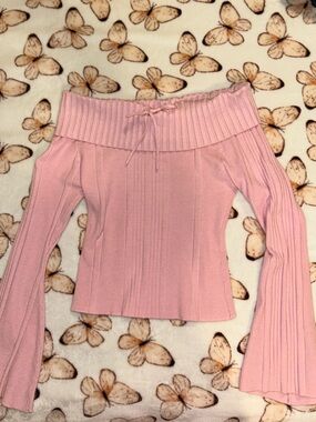 Pink Ribbed Bell Sleeve Off-Shoulder Knit Top
